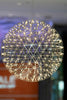 A ball of string lights hanging from a ceiling