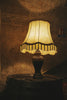 An illuminated lamp sits on a dark surface.