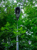 Streetlight surrounded by lush green trees and leaves.