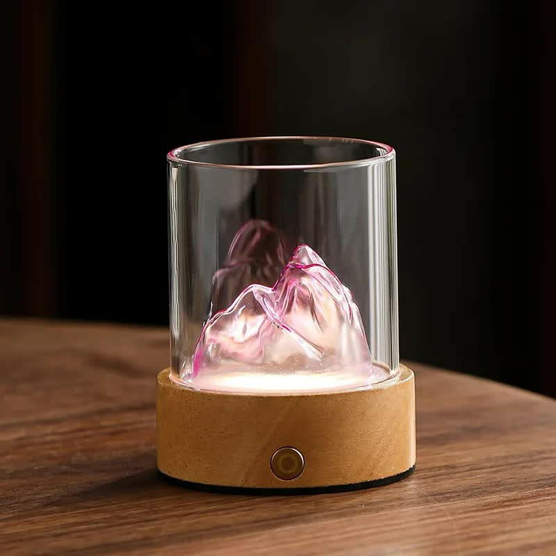 Pink LED Glass Night Light with Mountain Design USB Rechargeable for Home