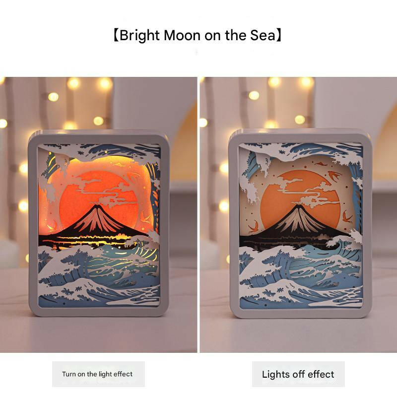 Moon Over The Sea 3D Paper Carving Night Light USB or Battery Powered Decorative Bedside Lamp Atmosphere Lamp for Bedroom Creative Starry Night and Little Prince Gift