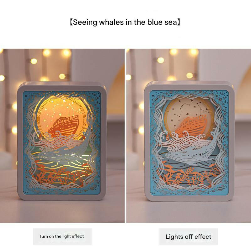 Whale Watching In The Blue Sea 3D Paper Carving Night Light USB Battery Decorative Bedside Lamp Atmosphere Lamp for Bedroom Creative Starry Night Prince Gift