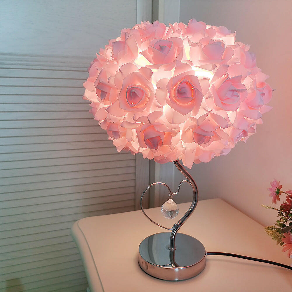 Pink Roses and Silver Base Romantic Red Rose Flower Table Lamp Crystal Heart Night Light