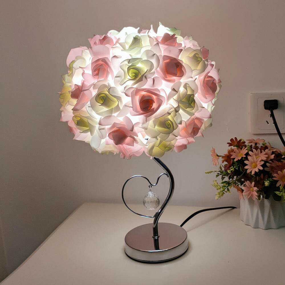 Pink Green Roses and Silver Base Romantic Red Rose Flower Table Lamp Crystal Heart Night Light