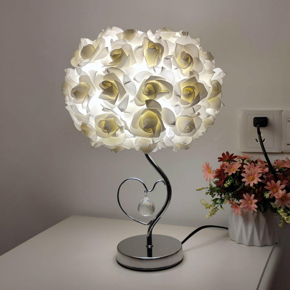 Beige Roses And Silver Base Romantic Red Rose Flower Table Lamp - Crystal Heart Night Light