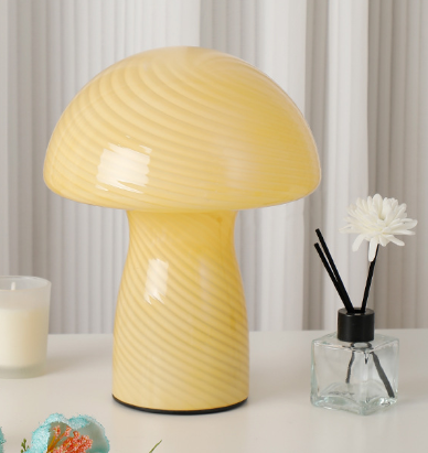 Stripe-Pure Yellow Retro Swirl Glass Mushroom Table Lamp LED Bedside Night Light
