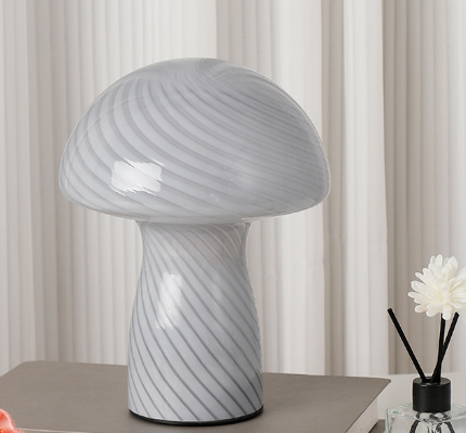 Stripe-Pure Grey-white Retro Swirl Glass Mushroom Table Lamp LED Bedside Night Light