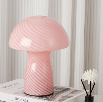 Stripe-Pure Pink Retro Swirl Glass Mushroom Table Lamp LED Bedside Night Light