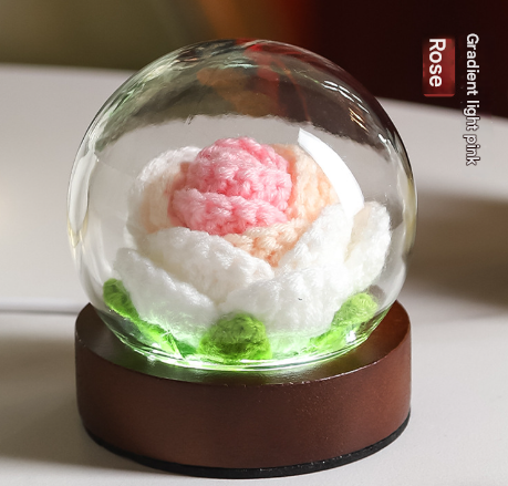 Gradient Light Pink Rose Knitted Flower LED Dome Lamp USB Touch 3-Color Night Light