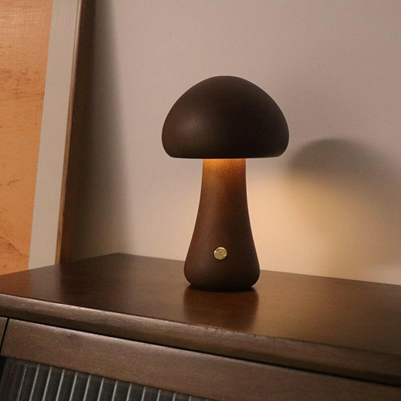 Dark Brown Solid Wood Mushroom LED Table Lamp Rechargeable Touch Night Light Large