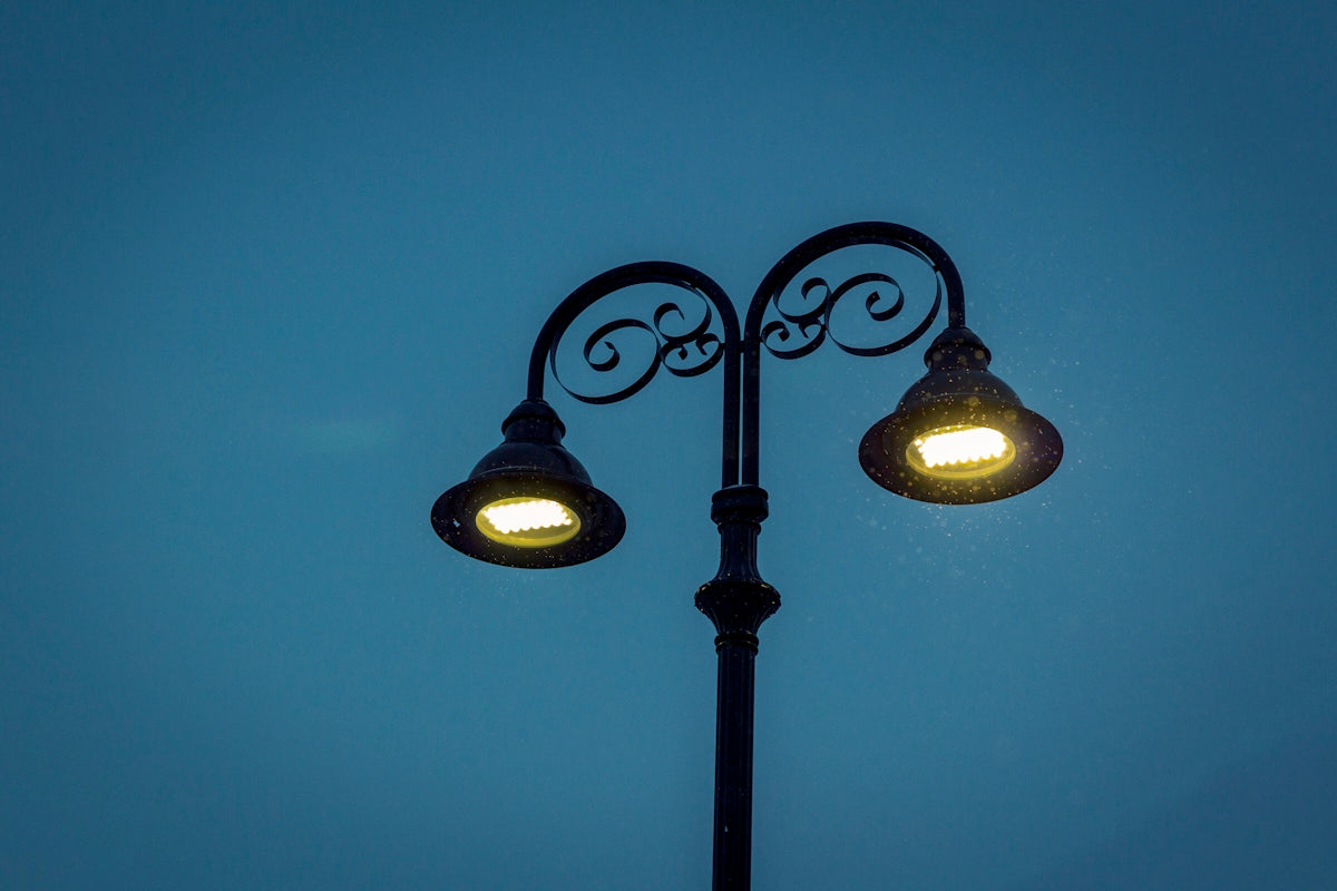 black 2-light street lamp turned on during night