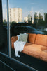 a brown couch sitting in front of a window