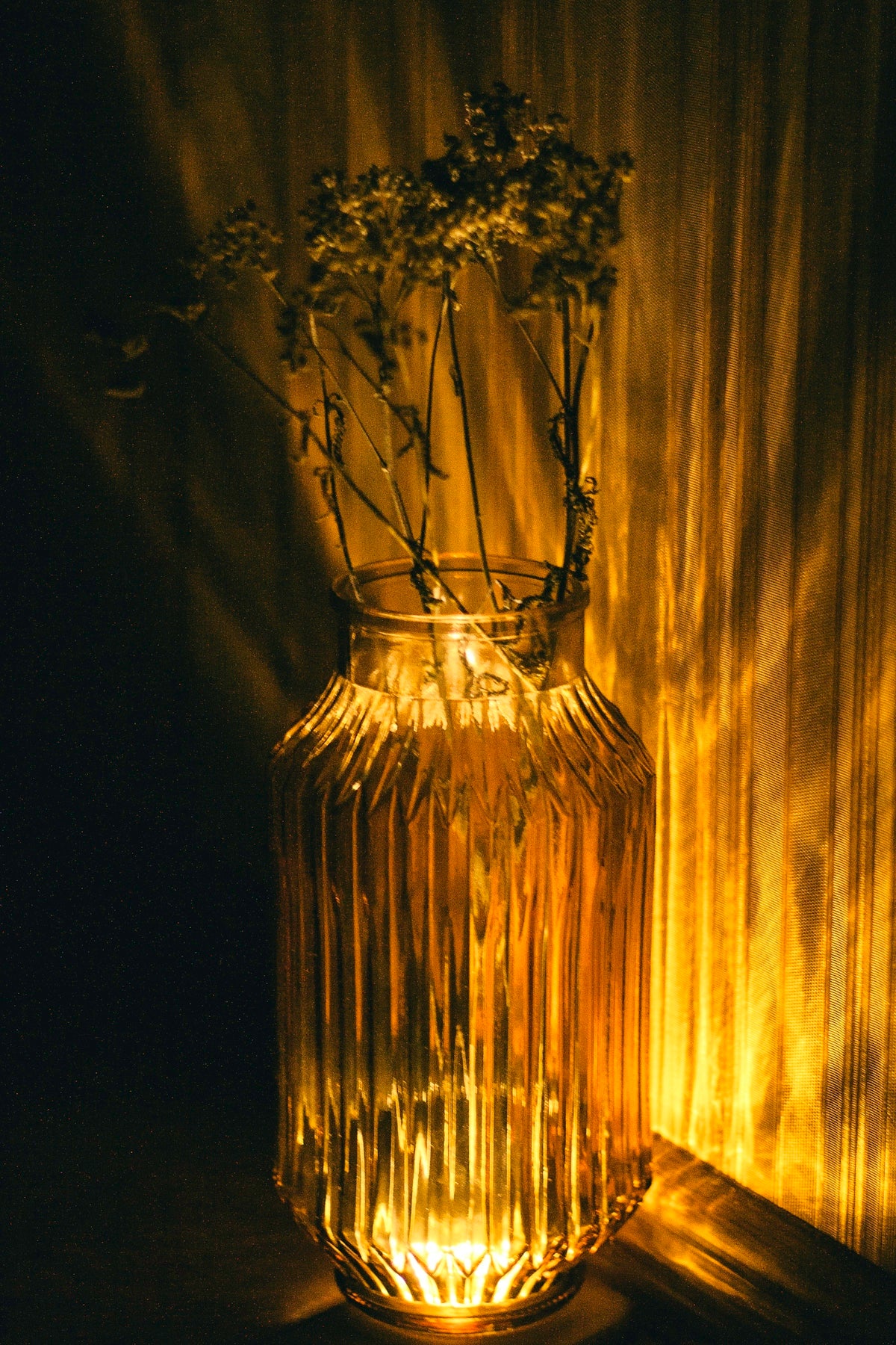 a glass vase with some flowers in it