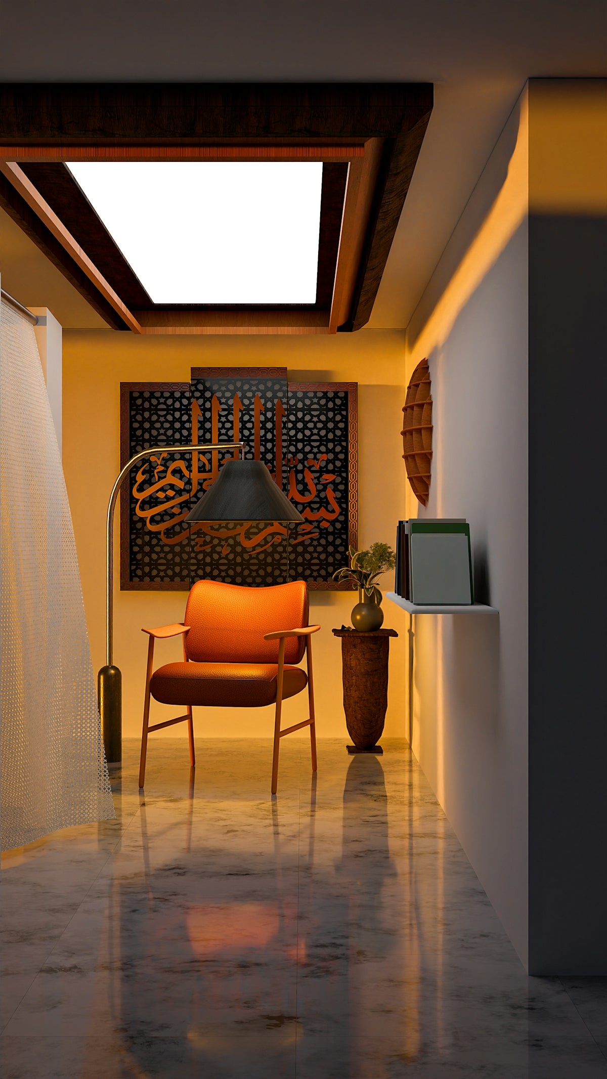 a room with a chair and a lamp in it