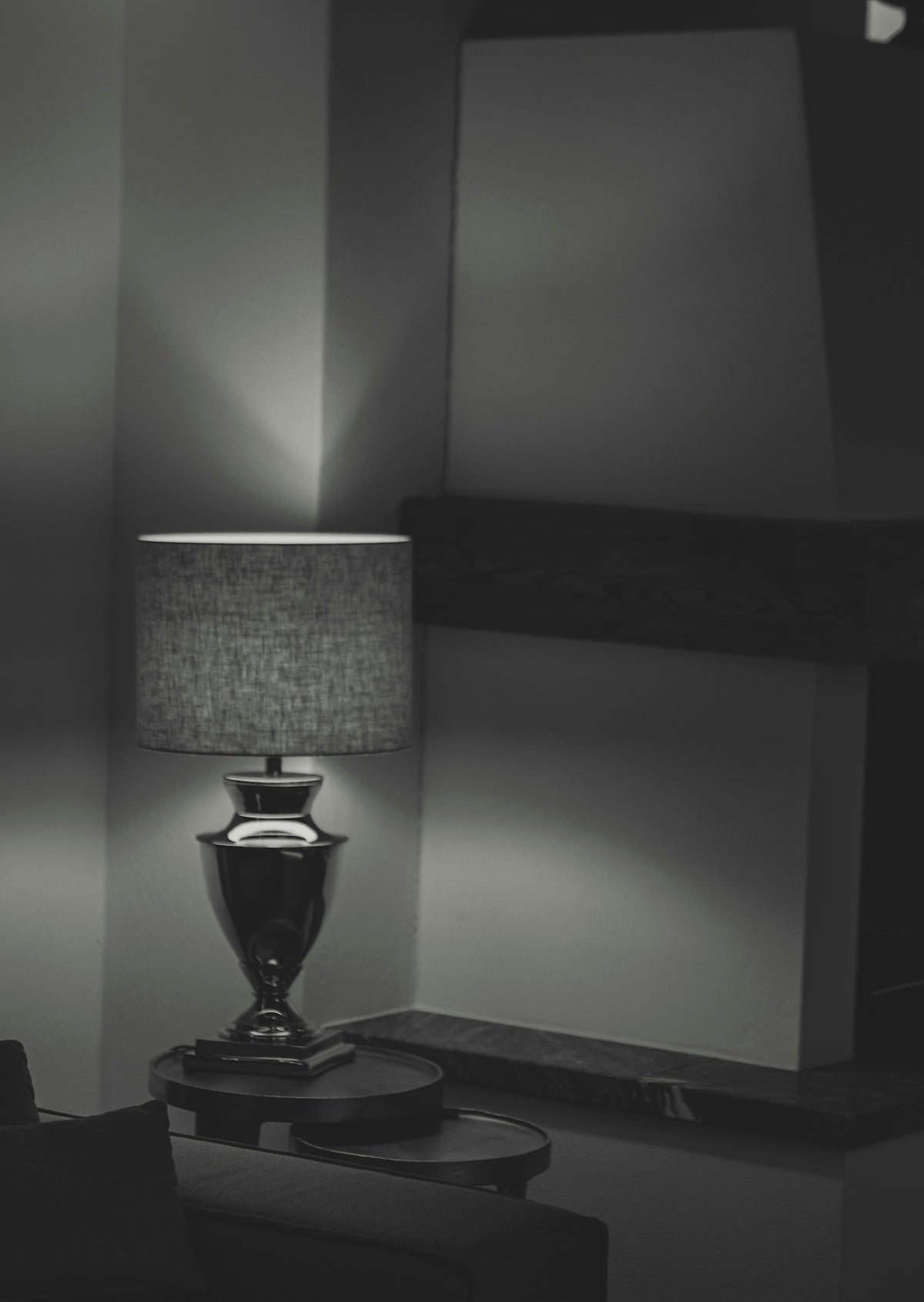 A black and white photo of a living room