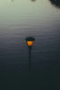Glowing lamp post reflected in the still water.