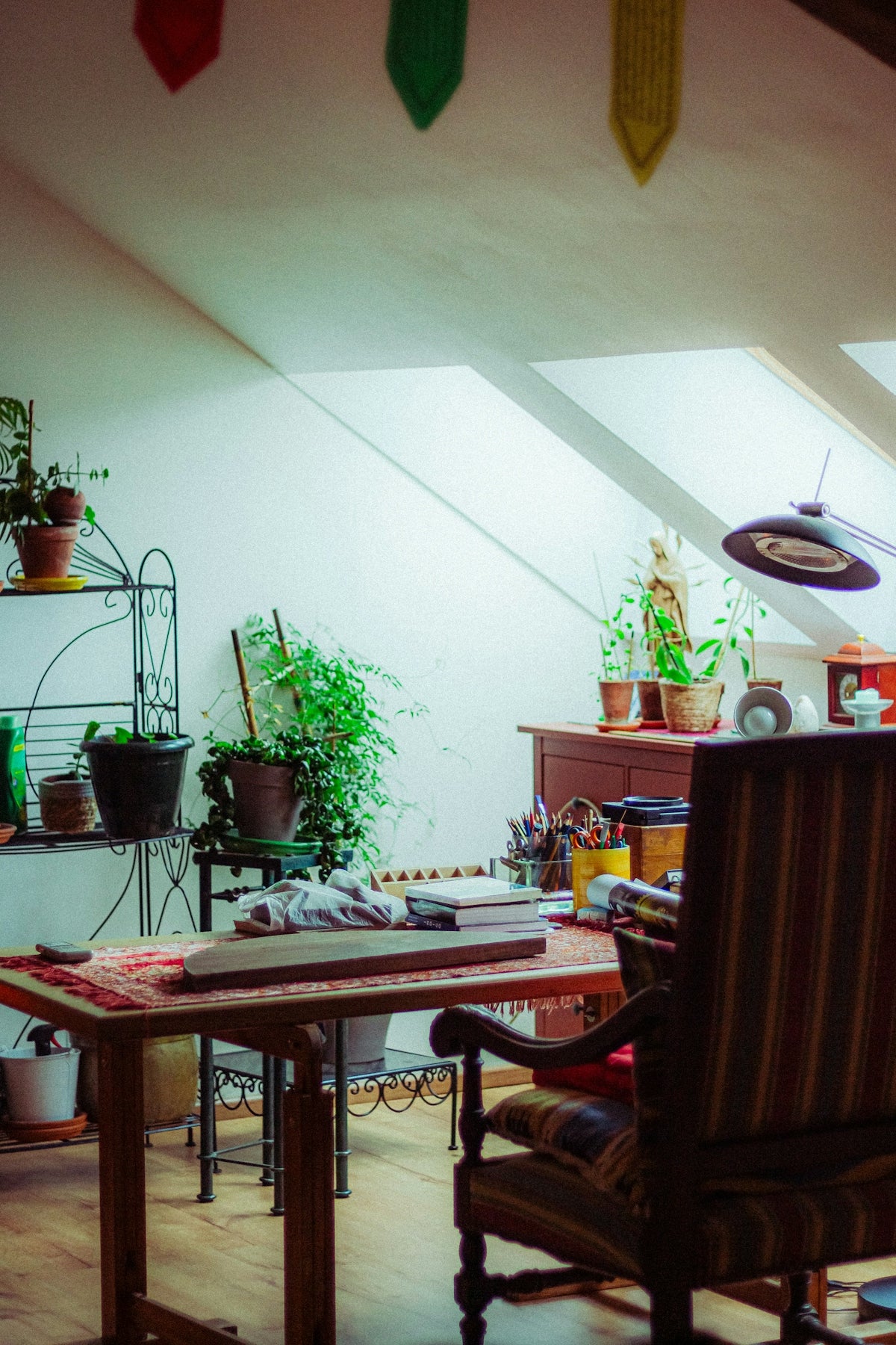 Cozy room with plants, desk, and armchair.