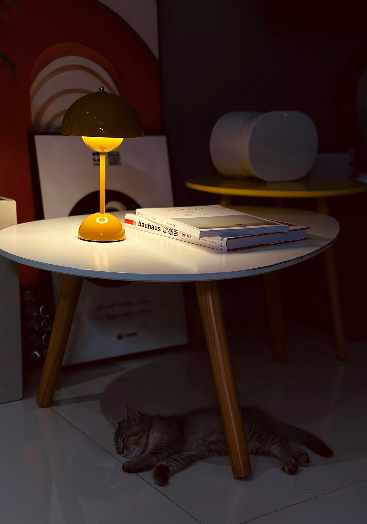 A tabby cat sleeps under a table with a lamp.