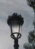 An ornate vintage street lamp against a cloudy sky.