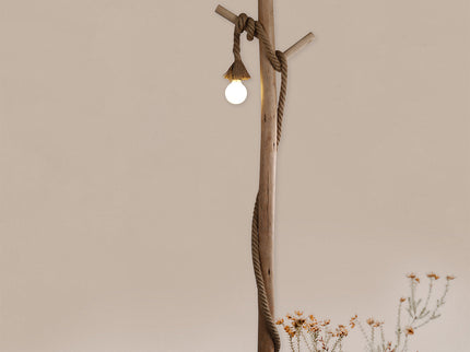 Lea Floor Lamp with Natural Timber and Black Metal Base.