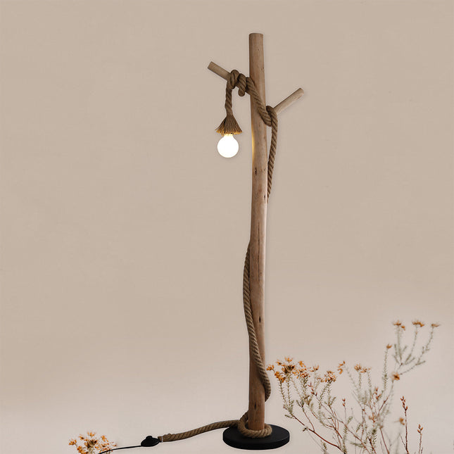 Lea Floor Lamp with Natural Timber and Black Metal Base.