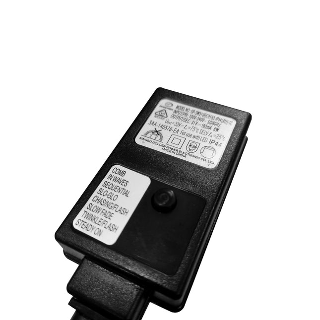 Black power adapter for 300 LED fairy string lights with multi-function settings