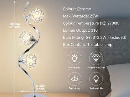 Gordon Table Lamp with Crystal Diffuser and Chrome Base.