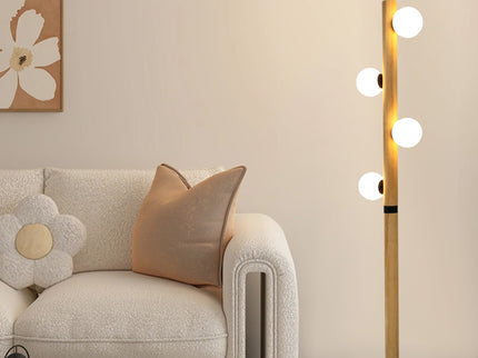 Evie Floor Lamp Modern Matte Black Wood Glass Shades.