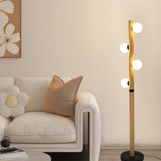 Evie Floor Lamp Modern Matte Black Wood Glass Shades.