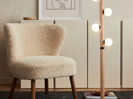 Evie Floor Lamp Modern Matte Black Wood Glass Shades.