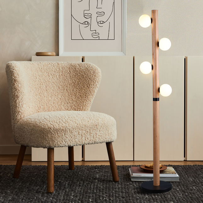 Evie Floor Lamp Modern Matte Black Wood Glass Shades.