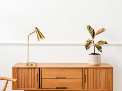 Isolde Table Lamp with Adjustable Shade and Modern Brass Finish.