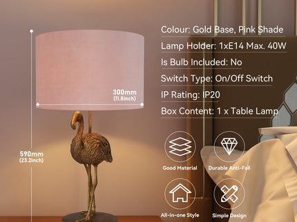 Flamingo Standing Table Lamp Gold Elegant Animal Decor Light.