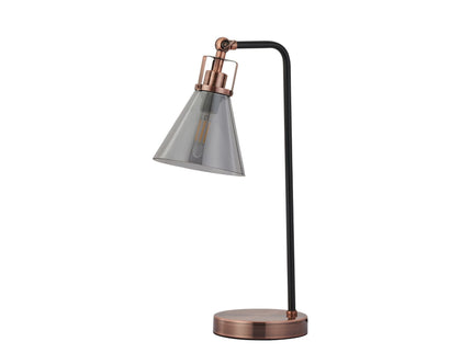 Conea Table Lamp with Smoky Glass Shade and Antique Copper Finish.