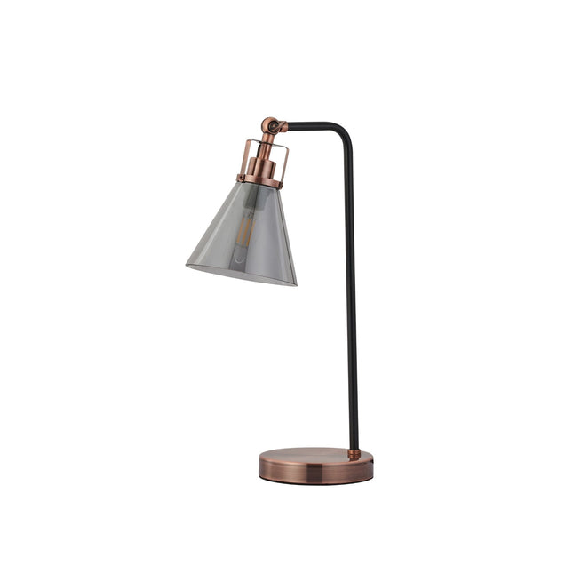 Conea Table Lamp with Smoky Glass Shade and Antique Copper Finish.