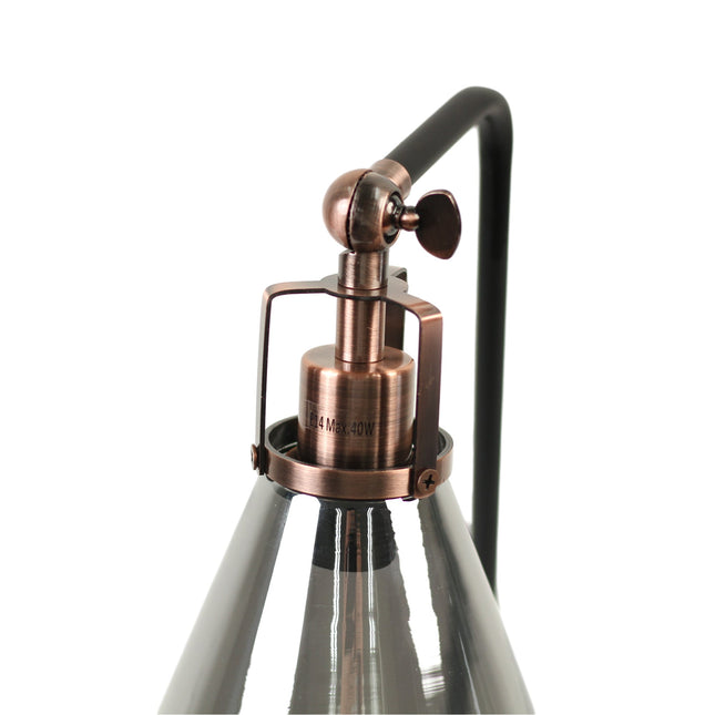 Conea Table Lamp with Smoky Glass Shade and Antique Copper Finish.