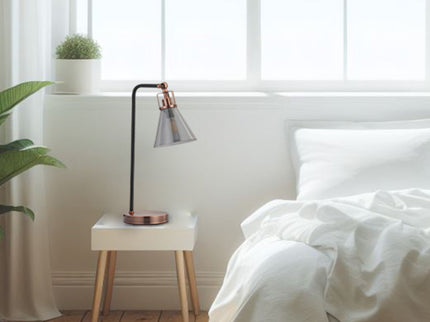 Conea Table Lamp with Smoky Glass Shade and Antique Copper Finish.