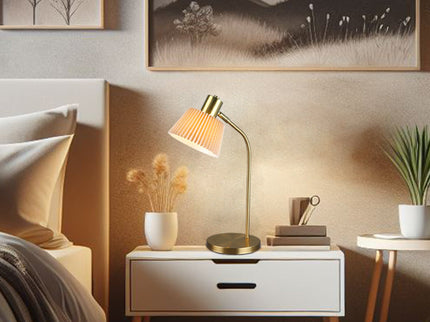 Ruston Table Lamp with Brass Iron Base and Khaki Fabric Shade.