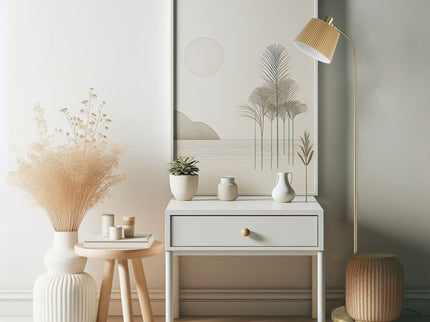 Ruston Floor Lamp with Brass Base and Fabric Shade for Modern Indoor Lighting.