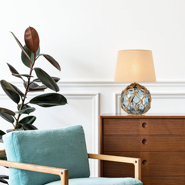 Jessamy Table Lamp Green Blue Nautical Glass and Rope Decor.