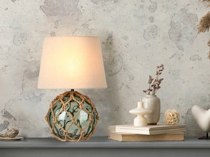 Jessamy Table Lamp Green Blue Nautical Glass and Rope Decor.