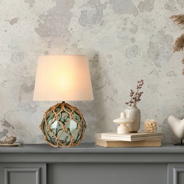 Jessamy Table Lamp Green Blue Nautical Glass and Rope Decor.