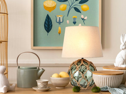 Jessamy Table Lamp Green Blue Nautical Glass and Rope Decor.