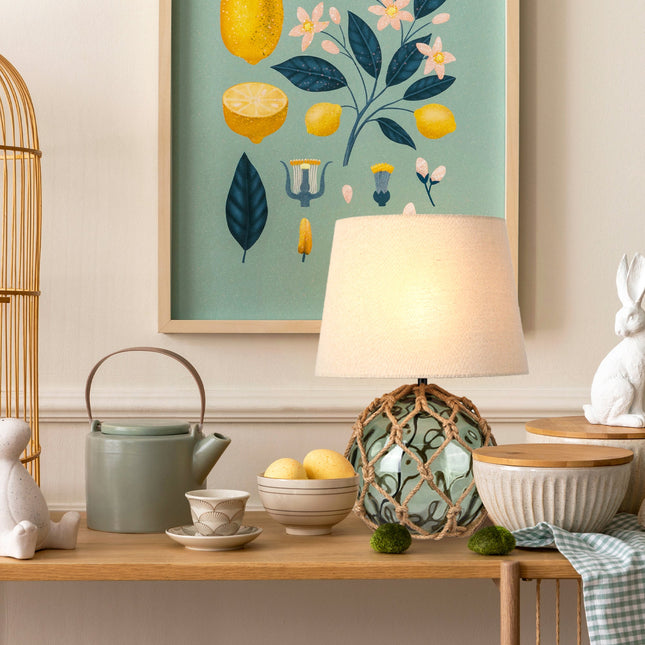 Jessamy Table Lamp Green Blue Nautical Glass and Rope Decor.
