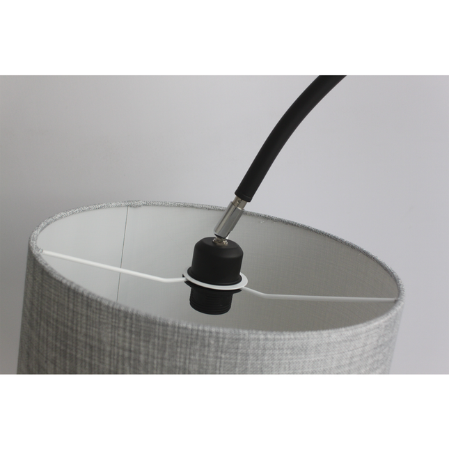 Tanya Arched Floor Lamp with Linen Shade and Metal Base.