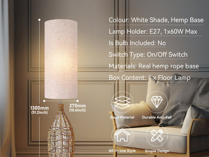 Tilda Floor Lamp with Hemp Rope Base and Linen Shade for Living Room Decor.