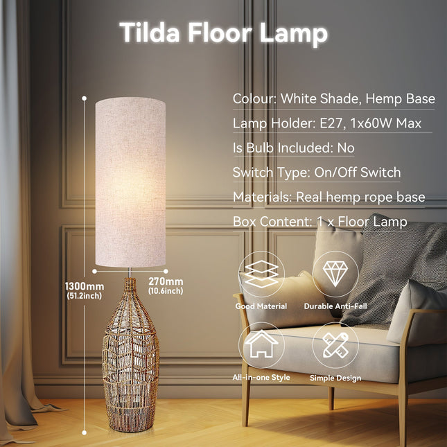 Tilda Floor Lamp with Hemp Rope Base and Linen Shade for Living Room Decor.
