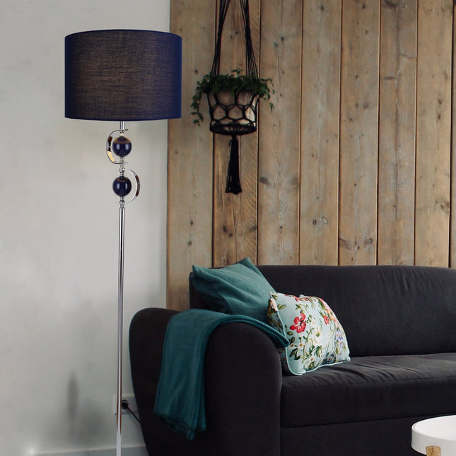 Rialto Floor Lamp Navy White Modern Linen Shade 160cm.