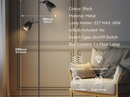 Audrey Floor Lamp Black White Modern Adjustable Standing Light.