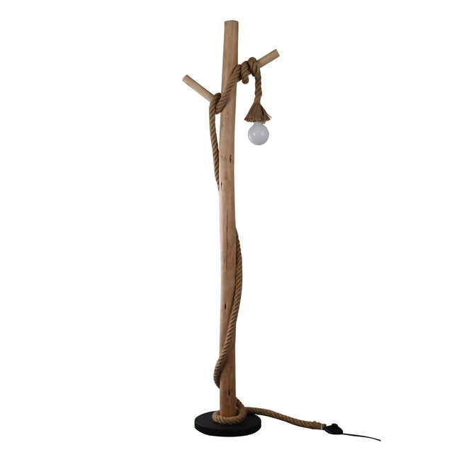 Lea Floor Lamp with Natural Timber and Black Metal Base.